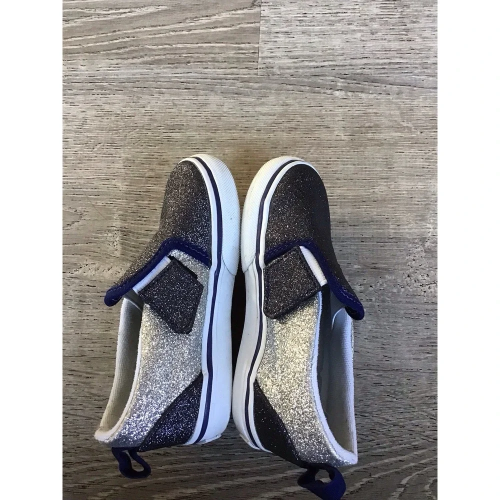 Vans Toddler Size 8.5 slip on Sneakers Glitter silver Blue Off The Wall Shoes